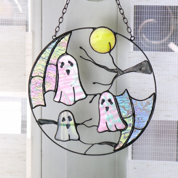 Gothic Suncatcher Ghosts Moon Stained Glass Horror Picture Home Decor Halloween Spooky Ornament Window Wall Hanging Creepy Cling Pendant