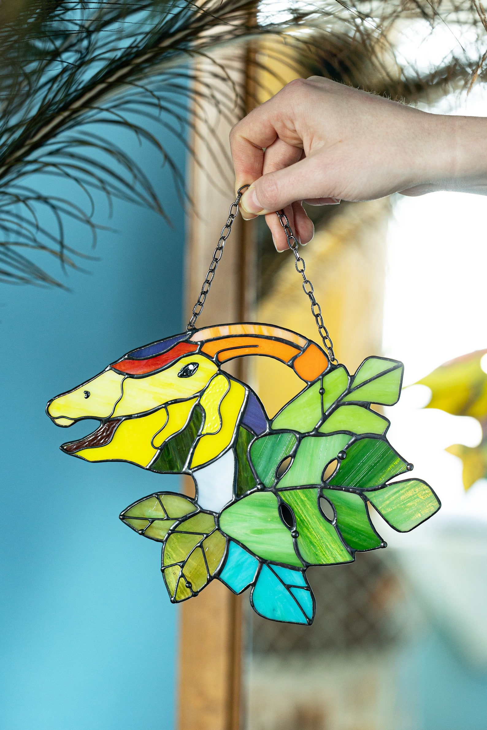 Suncatcher Dinosaur Parasaurolophus Stained Glass Nature Etsy