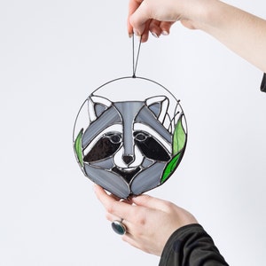 Raccoon Suncatcher. Gray Stained glass Animal. Home House Decor. Wall Window Hangings Stain Glass Art Decoration