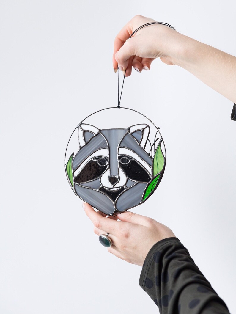 Raccoon Suncatcher. Gray Stained glass Animal. Home House Decor. Wall Window Hangings Stain Glass Art Decoration