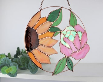 Sunflower Rose Flower Suncatcher | Spring Stained Glass Peony Home Decor | Mother's Day Gift