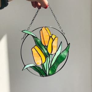 Yellow Flower Suncatcher Tulip. Stained glass Home Decor Pendant Garden Window Wall Hangings. Mother’s gift