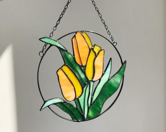 Yellow Flower Suncatcher Tulip. Stained glass Home Decor Pendant Garden Window Wall Hangings. Mother’s gift