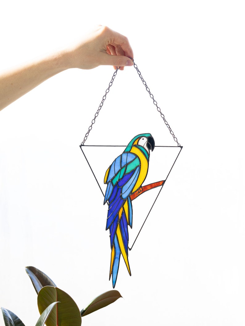 Mother's day gift, Blue Parrot Suncatcher Bird. Home House Pendant. Wall Window Hangings Stained glass Art Decor grandma gift