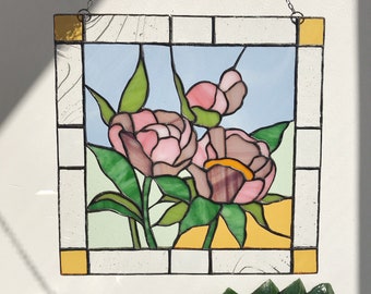 Cuadro decorativo de estilo rústico con diseño de peonías, hecho a mano, para pared o ventana, regalo para el Día de la Madre.