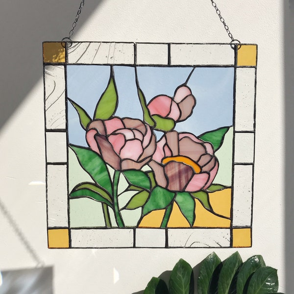 Peony Flower Suncatcher Pink Green Leaf. Stained glass Home Decor Panel Garden Window Wall Hangings Gift. Mother’s day gift
