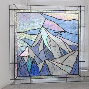 Blue Suncatcher Stain Glass Picture Mountain Home House Decor Big Pane Garden Window Wall Hanging