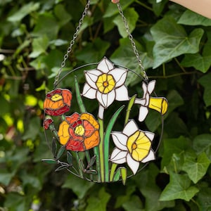 Daffodils and marigold flowers Suncatcher. Stained glass Window Wall Teacher Hangings. Mother’s day gift