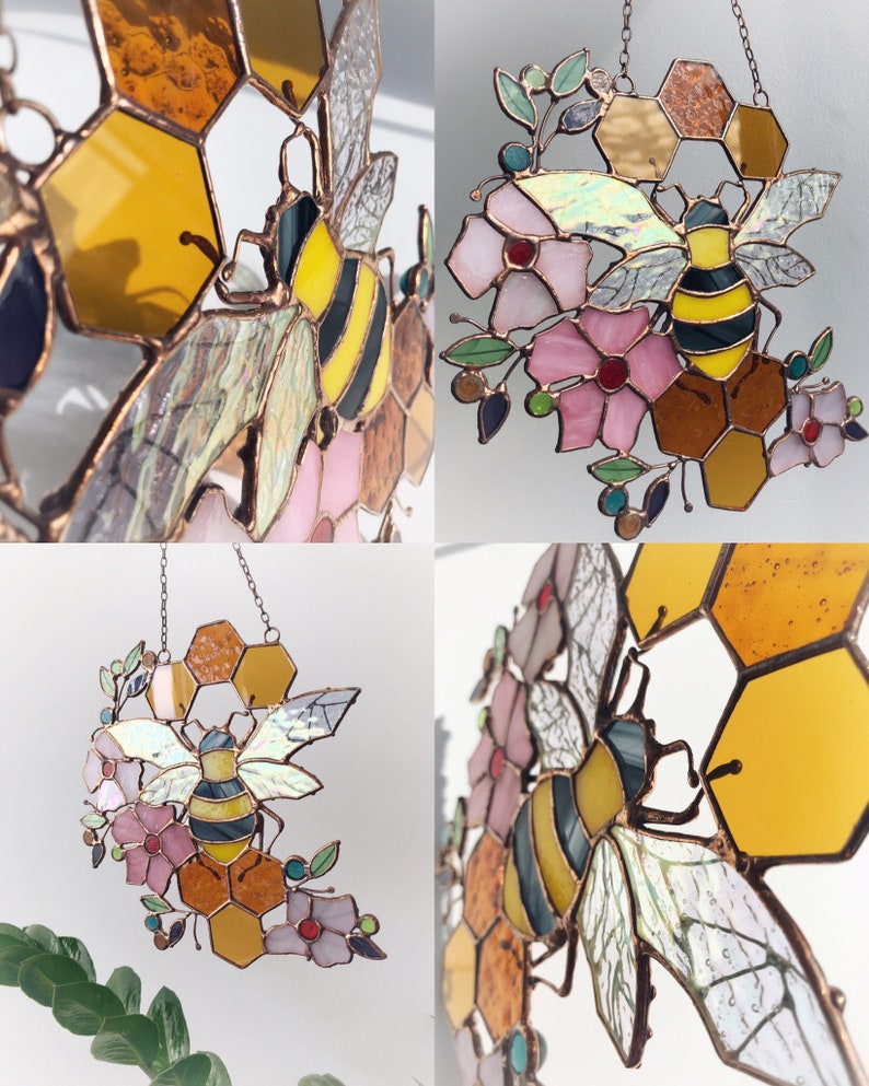 Yellow Suncatcher Honeycomb Stain Glass Picture Home House Decor Panel Ornament Spring Window Wall Hanging Light Cling Corner Pendant