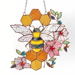 Yellow Suncatcher Honeycomb Stain Glass Picture Home House Decor Panel Ornament Spring Window Wall Hanging Light Cling Corner Pendant