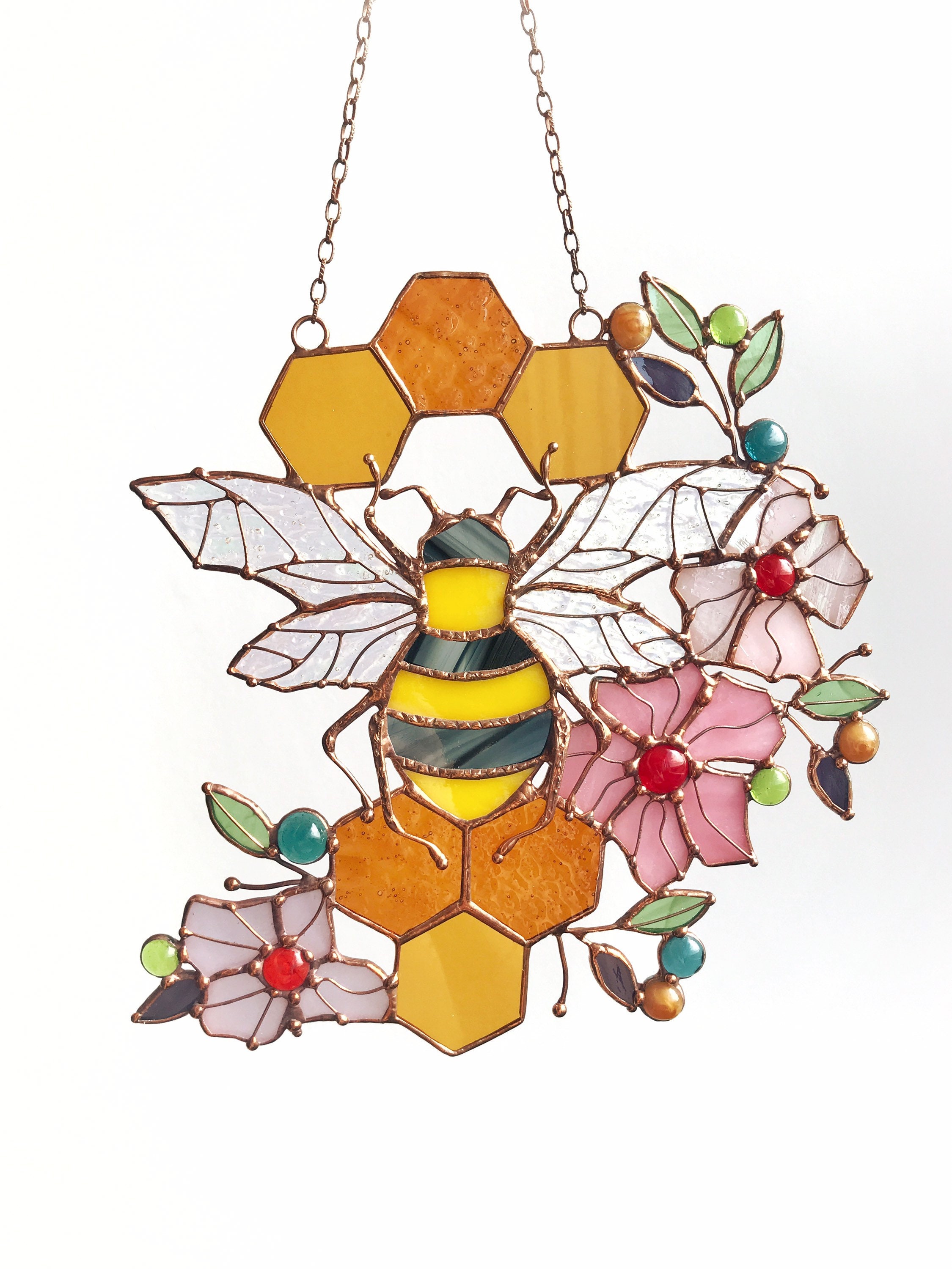 Yellow Suncatcher Honeycomb Stain Glass Picture Home House Decor Pane…