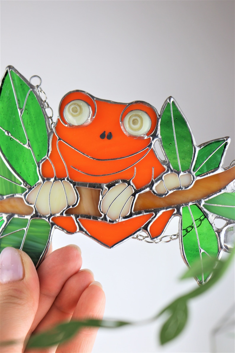 Suncatcher Frog. Orange Nature Animal. Home House Pendant. Wall Window Hanging Stained Glass Art Decor. Housewarming gift