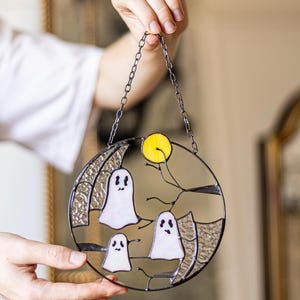 Spoken Maan Gebrandschilderd Glas Horror Foto Home Decor Halloween Spooky Raam Muur Opknoping Creepy Cling Hanger Gothic Suncatcher