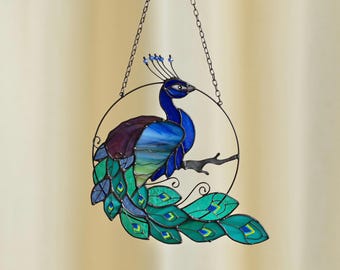 Stained Glass Peacock Suncatcher - Tiffany Method Glass Art Bird Window Hanging - Mother in law Gift