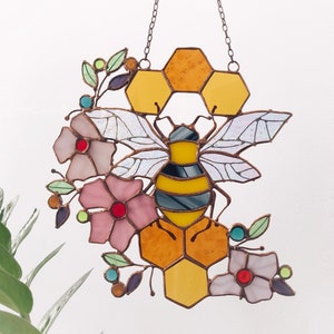 Yellow Suncatcher Honeycomb Stain Glass Picture Home House Decor Panel Ornament Spring Window Wall Hanging Light Cling Corner Pendant