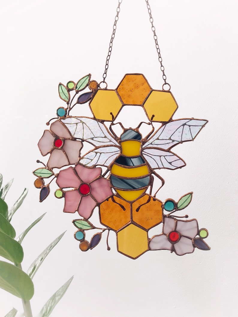 Yellow Suncatcher Honeycomb Stain Glass Picture Home House Decor Panel Ornament Spring Window Wall Hanging Light Cling Corner Pendant