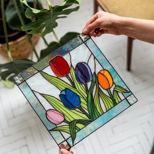 Stained glass Flower Tulips Picture Panel. Home Decor Suncatcher Wall Hangings Garden Window Housewarming Mothers Day Gift.
