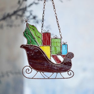 Christmas gifts cart Stained glass Christmas decorations Wall window hangings Suncatcher New year gift art