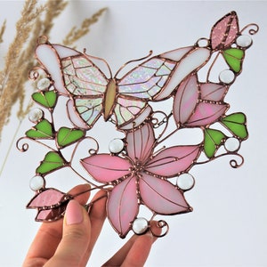 Pink Suncatcher Monarch Butterfly Flowers Stained Glass Picture Home House Decor Window Wall Hanging Light Cling Pendant Grandma gift