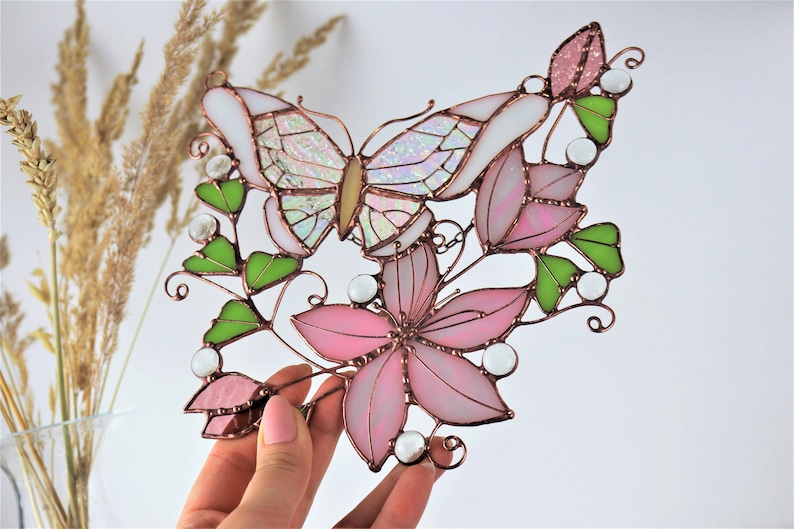 Pink Suncatcher Monarch Butterfly Flowers Stained Glass Picture Home House Decor Window Wall Hanging Light Cling Pendant Grandma gift