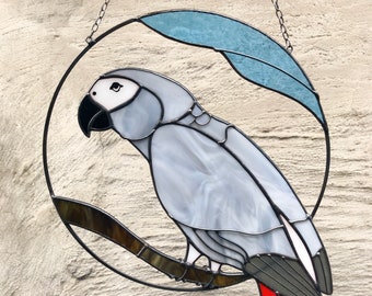 Gray parrot sun catcher Bird. Panel House Decor Nature Ornament Picture Home Sunbeam Panel Pendant Wall Window Hangings Stain Glass