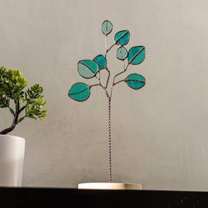 Stained Glass Eucalyptus Home Garden Flower Pot Decor, Blue Eucalyptus Table Stand, Perfect Housewarming Gift for Mom, Windowsill Decor
