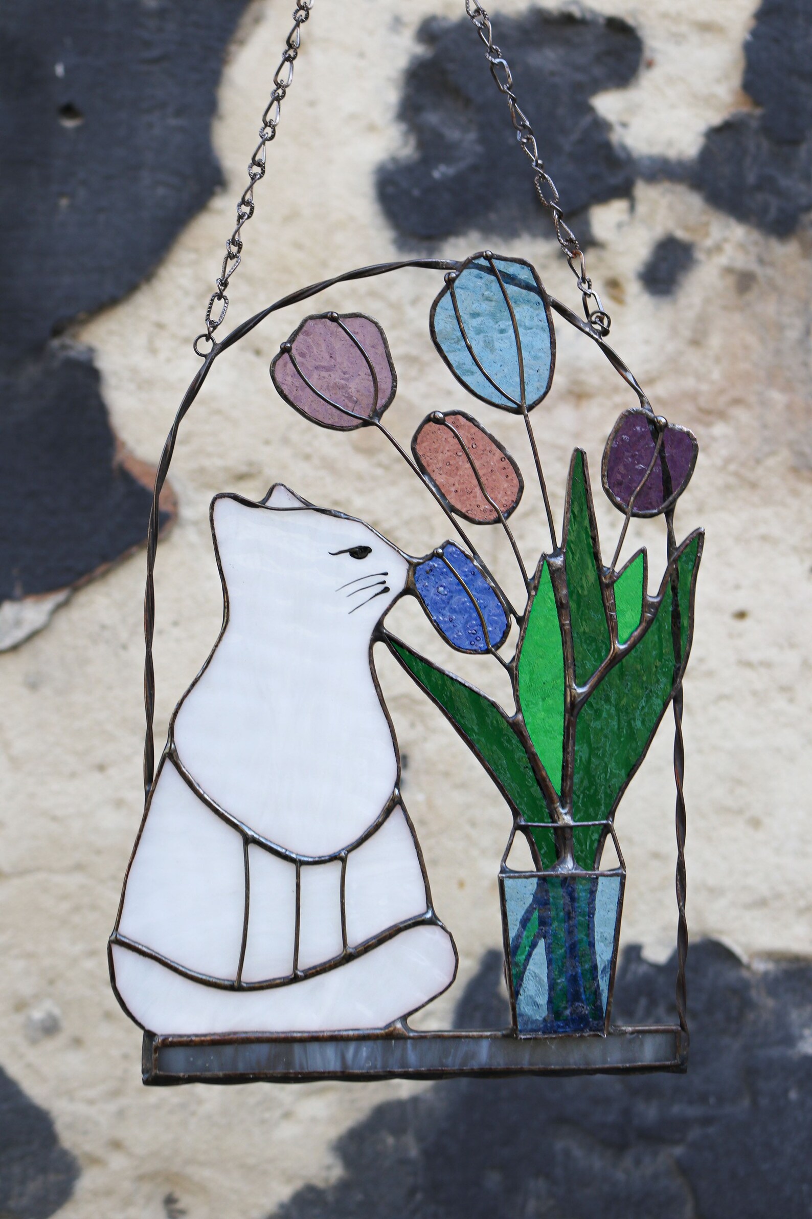 Suncatcher Cat Flowers Stained Glass Picture Home House Decor Spring ...