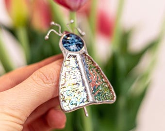 Unique Gift for Mom Blue Fly Stained Glass Flower Pot Decor | Handmade Plant Hugger