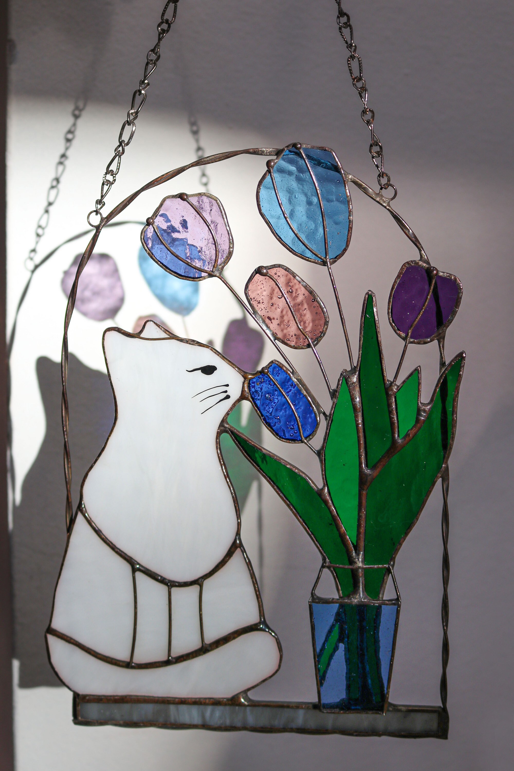 Suncatcher Cat Flowers Stained Glass Picture Home House Decor Spring ...