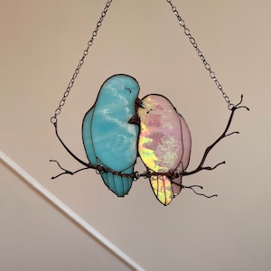 Decor Pink Blue Lover Bird Nature Ornament Spring Stained Glass House Suncatcher Home wall window Hangings Art Cling Pendant Valentines gift