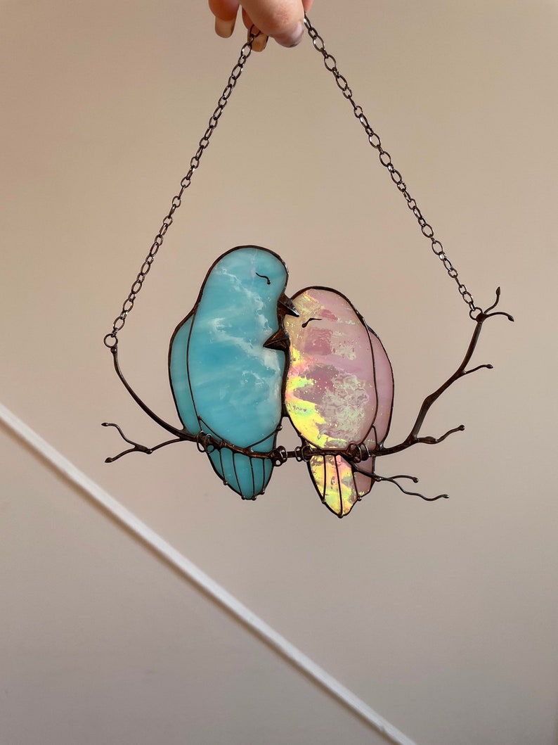 Decor Pink Blue Lover Bird Nature Ornament Spring Stained Glass House Suncatcher Home wall window Hangings Art Cling Pendant Valentines gift