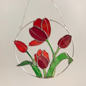 Red Flower Suncatcher Tulip. Stained glass Home Decor Spring Decoration Window Wall Hangings, Mothers grandma gift image 6