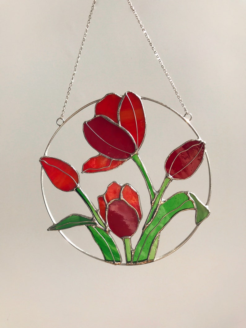 Red Flower Suncatcher Tulip. Stained glass Home Decor Spring Decoration Window Wall Hangings, Mothers grandma gift image 6