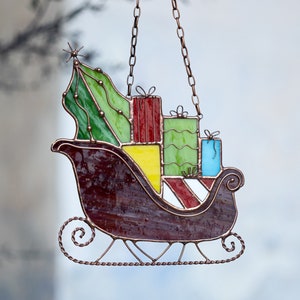 Christmas gifts cart Stained glass Christmas decorations Wall window hangings Suncatcher New year gift art