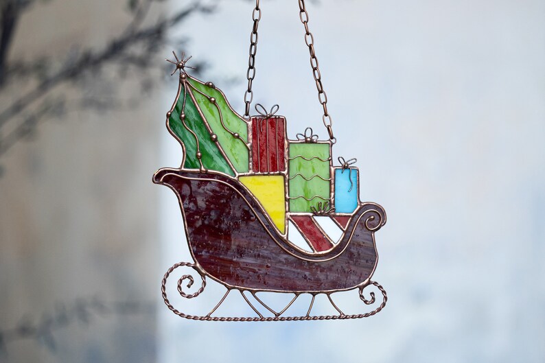 Christmas gifts cart Stained glass Christmas decorations Wall window hangings Suncatcher New year gift art