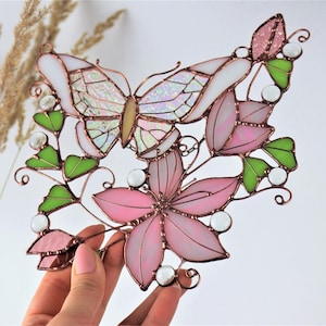 Pink Suncatcher Monarch Butterfly Flowers Stained Glass Picture Home House Decor Window Wall Hanging Light Cling Pendant Grandma gift