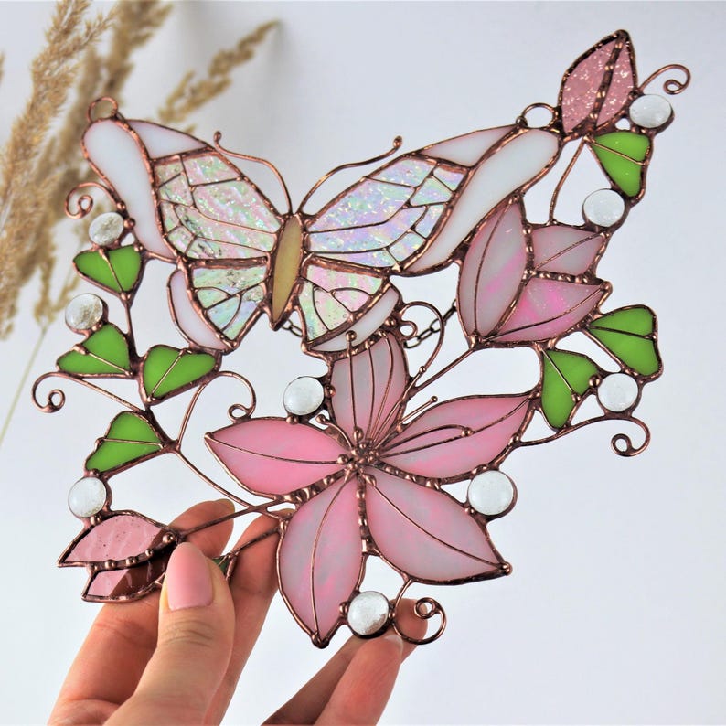 Pink Suncatcher Monarch Butterfly Flowers Stained Glass Picture Home House Decor Window Wall Hanging Light Cling Pendant Grandma gift