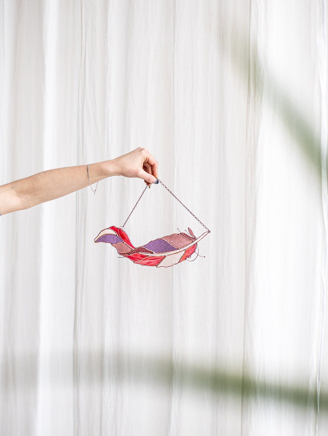 Red Wall Hangings Feathers Light Cling Pendant Stained Glass Suncatcher