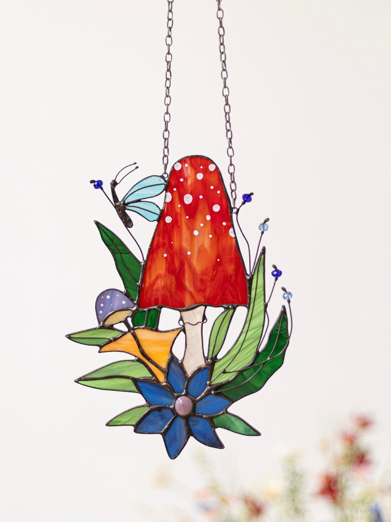 Fly Agaric Stained Glass Suncatcher, Mahroom Wall Window Hanging, Home Decor, Cottagecore Gift, Indoor Outdoor Decor image 1