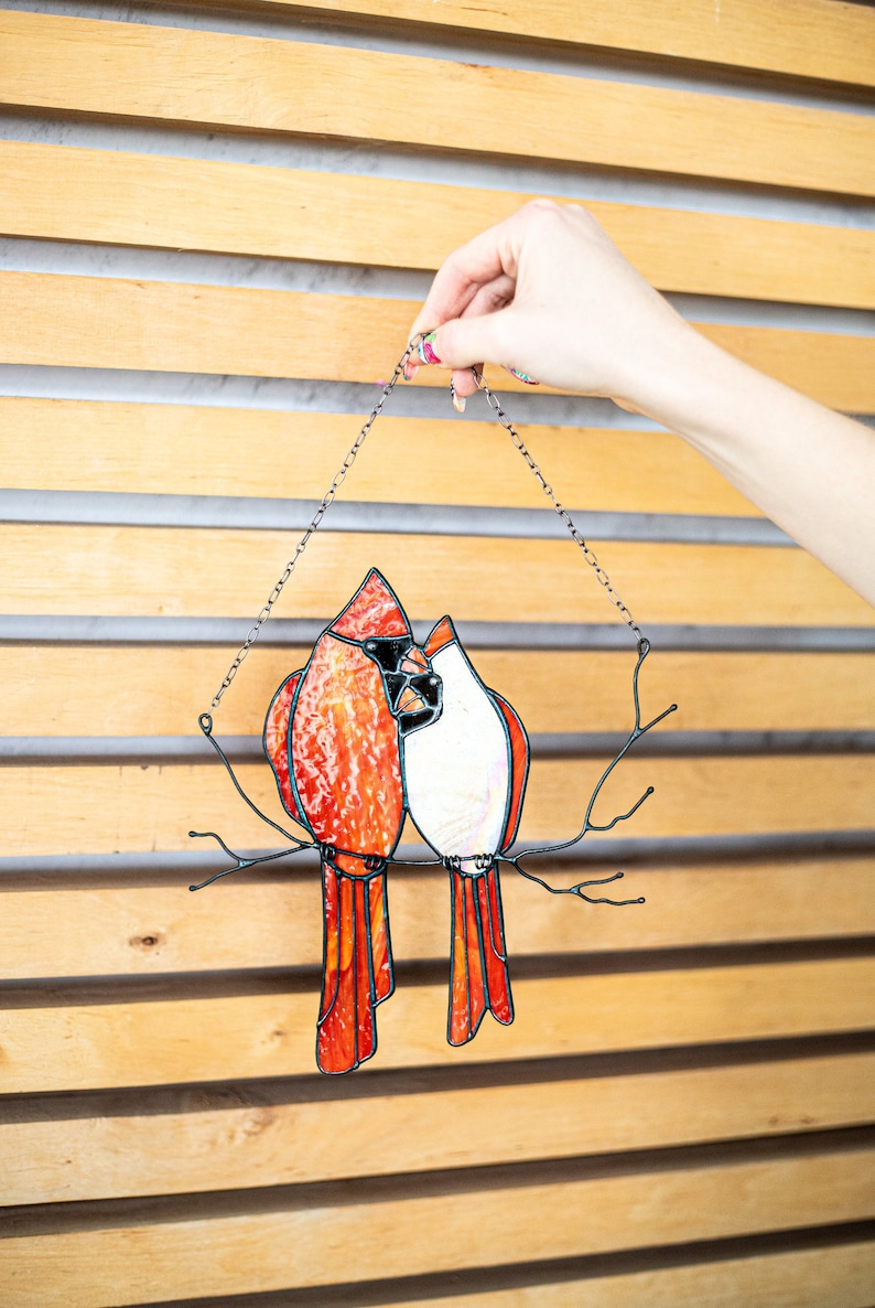 Stained glass Red Lover Bird Cardinal Nature Ornament Spring House Decor Suncatcher Home wall window Hangings Art Valentines Pendant