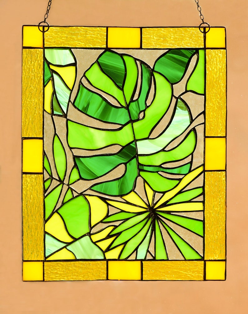 Monstera Leaf Panel Green Plant Suncatcher Stain Glass Picture Home House Decor Nature Ornament Spring Window Wall Hanging Cling