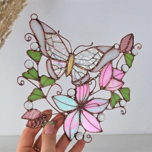 Pink Suncatcher Monarch Butterfly Flowers Stained Glass Picture Home House Decor Window Wall Hanging Light Cling Pendant Grandma gift