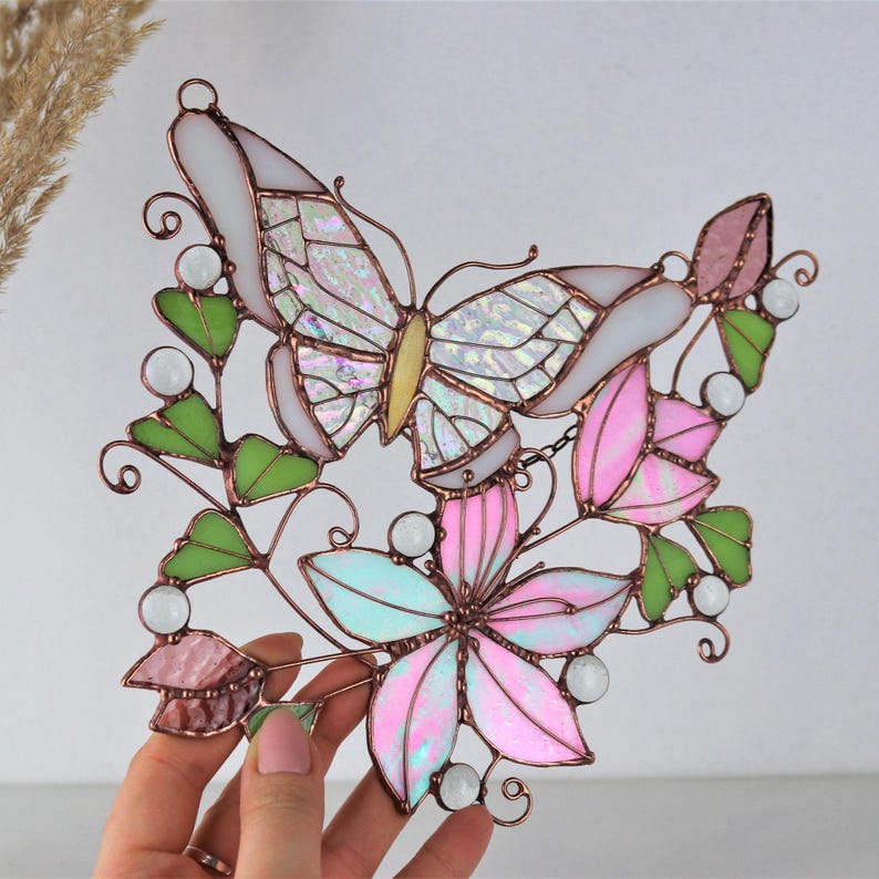 Pink Suncatcher Monarch Butterfly Flowers Stained Glass Picture Home House Decor Window Wall Hanging Light Cling Pendant Grandma gift