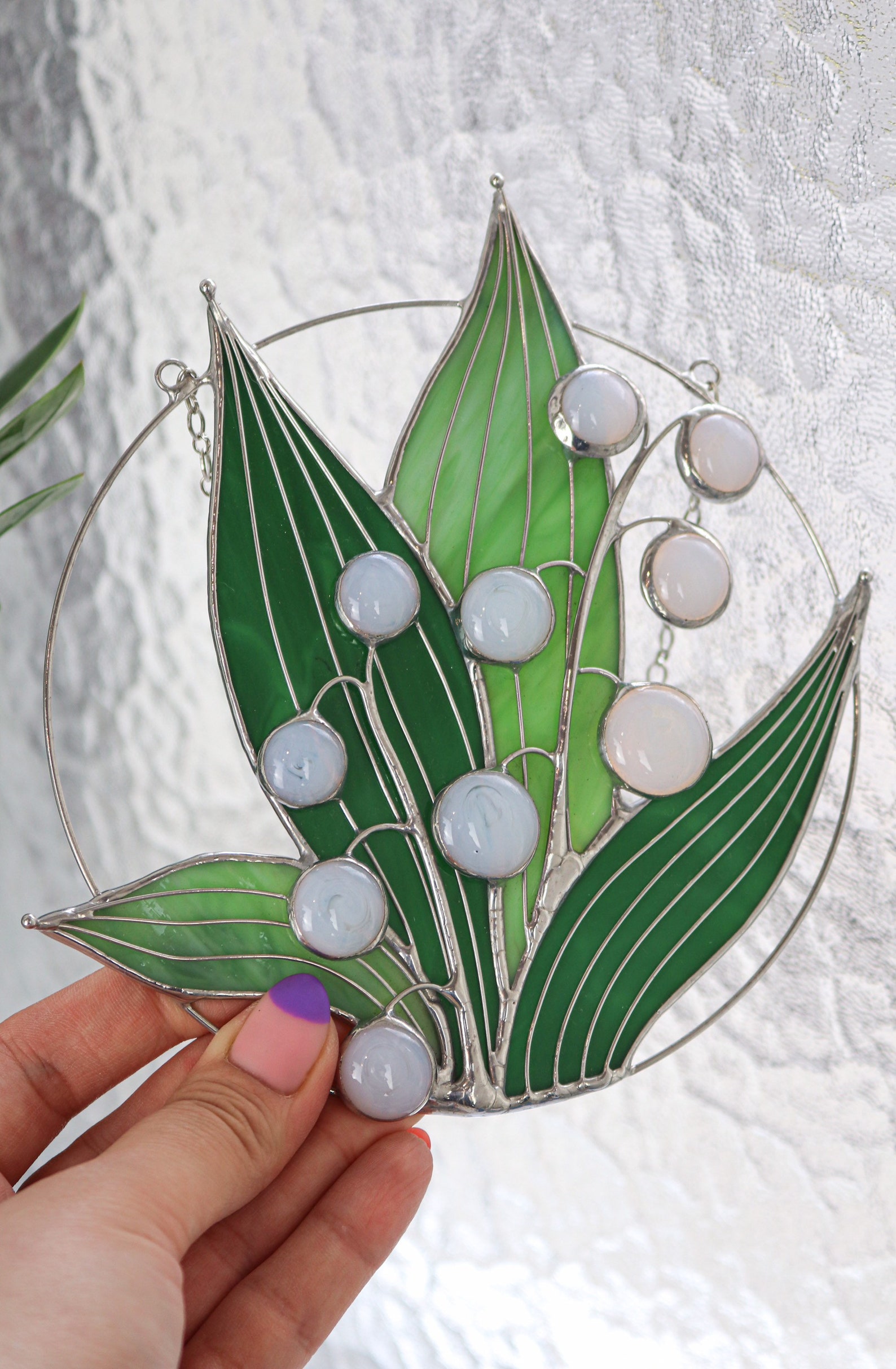 thumbnail image 2 of Lily Of The Valley Stained Glass Suncatcher Wildflowers Window Panel 2 of 10