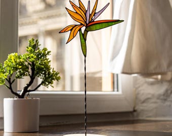 Strelitzia Stained Glass Flower | Home Garden Table Stand Decor | Mothers Day Gift | Bird of Paradise Planter | Windowsill Bookshelf Decor