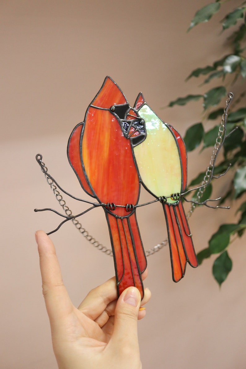 Stained glass Red Lover Bird Cardinal Nature Ornament Spring House Decor Suncatcher Home wall window Hangings Art Valentines Pendant