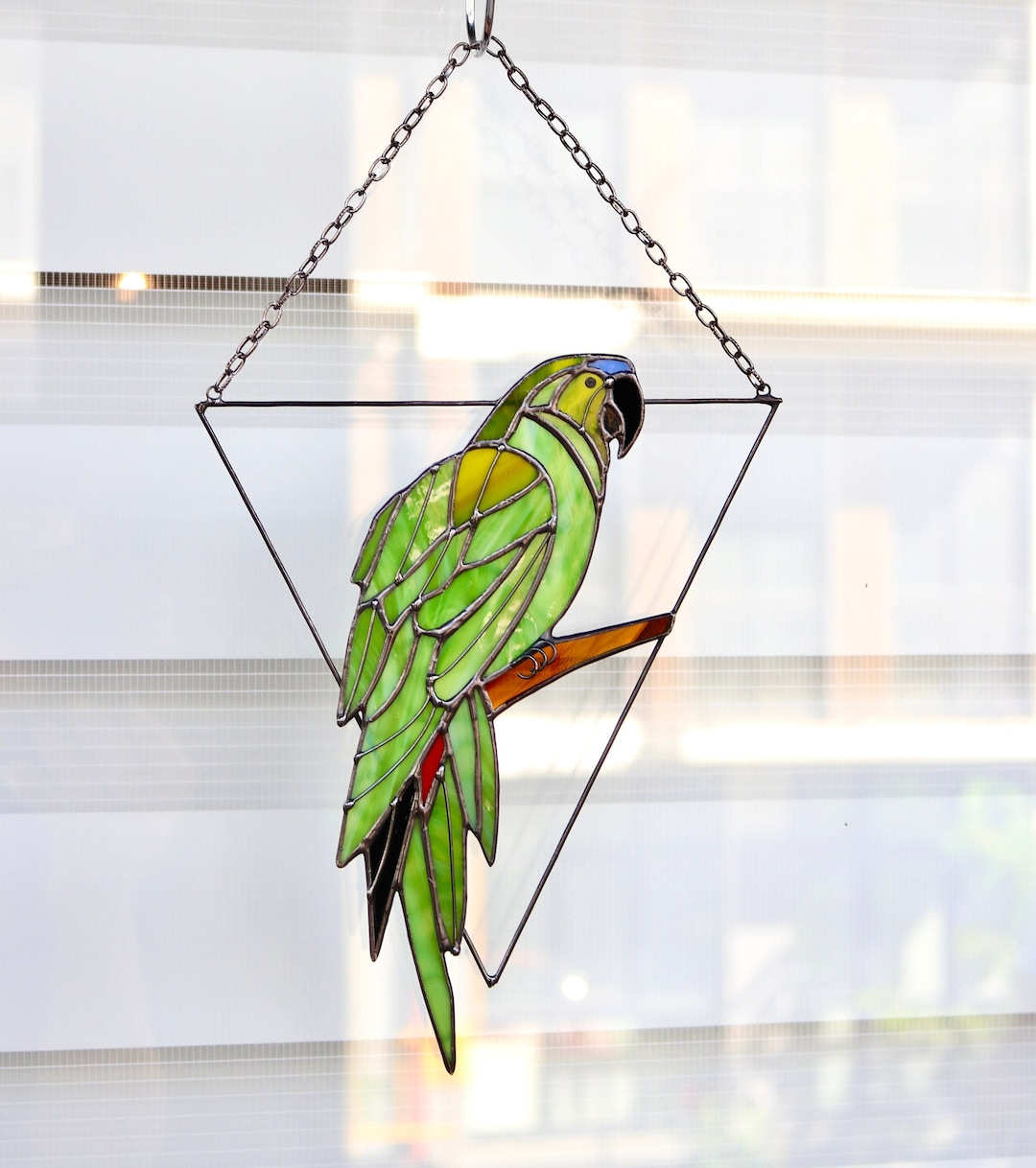 Green Stained Glass Macaw Parrot Bird Suncatcher Wall Window Hanging ... - Including Window Views Cages For Noble Macaws