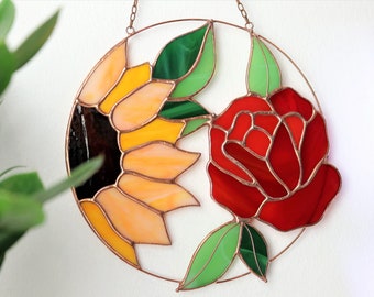 Sunflower Flower Suncatcher. Stained glass peony Home Decor Pendant Garden Window Wall Hangings. Orange pink decorations.