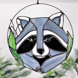 Raccoon Suncatcher. Gray Stained glass Animal. Home House Decor. Wall Window Hangings Stain Glass Art Decoration, Christmas gift