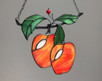 Stained Glass Apple Branch Wall Window Hanging Art | Fruit Suncatcher Kitchen Decor | Mother's Day Gift
